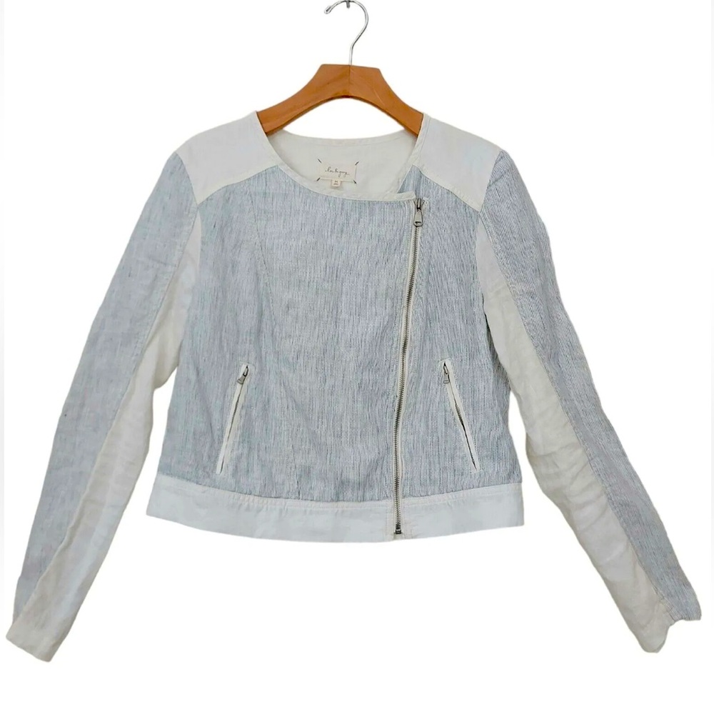 Lou & Grey Linen Women Moto Jacket Size M blue/White Stripe Asymmetric Full Zip